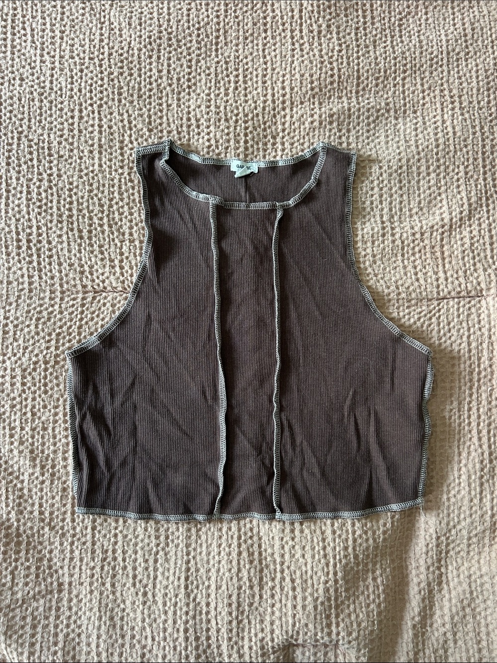 Women’s Brown Ribbed Sleeveless Crop Top with Contrast Stitching